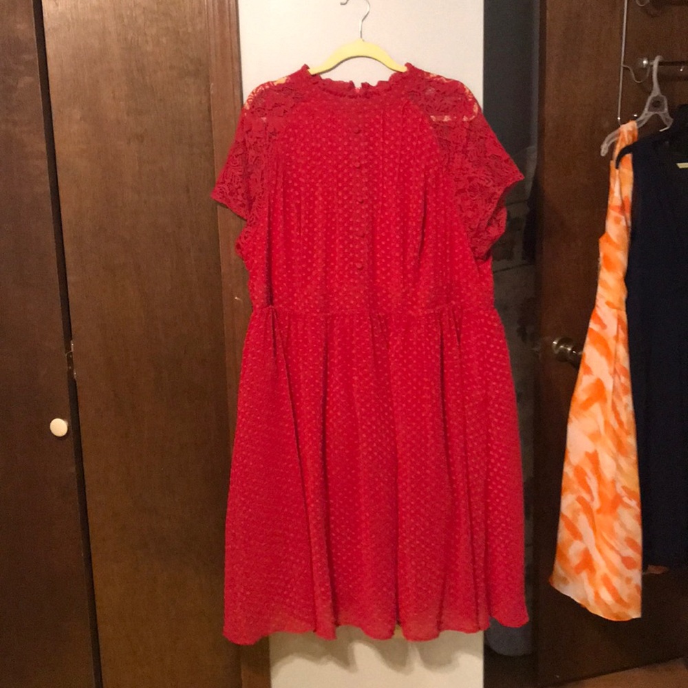 Red lace dress with crinoline & lace sleeves